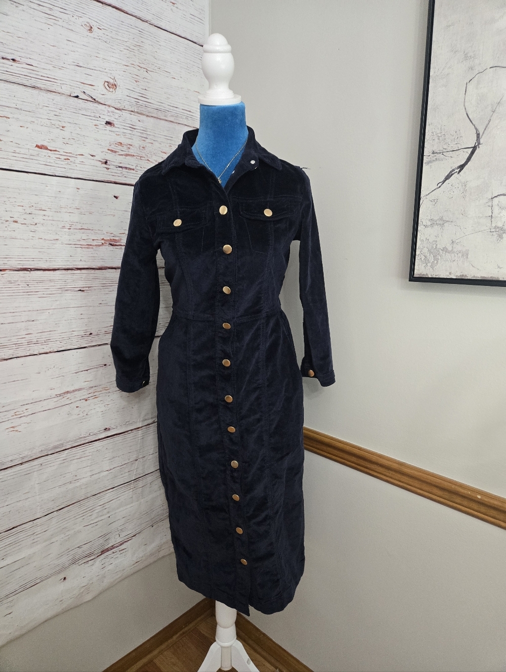 Sosandar Navy Velvet Button Front Midi Dress Size 8 Gold Buttons NWT